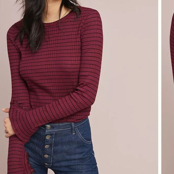 Anthropologie Michael Stars Red and Black Striped Long Sleeve Top Sleeve Detail - Picture 2 of 8